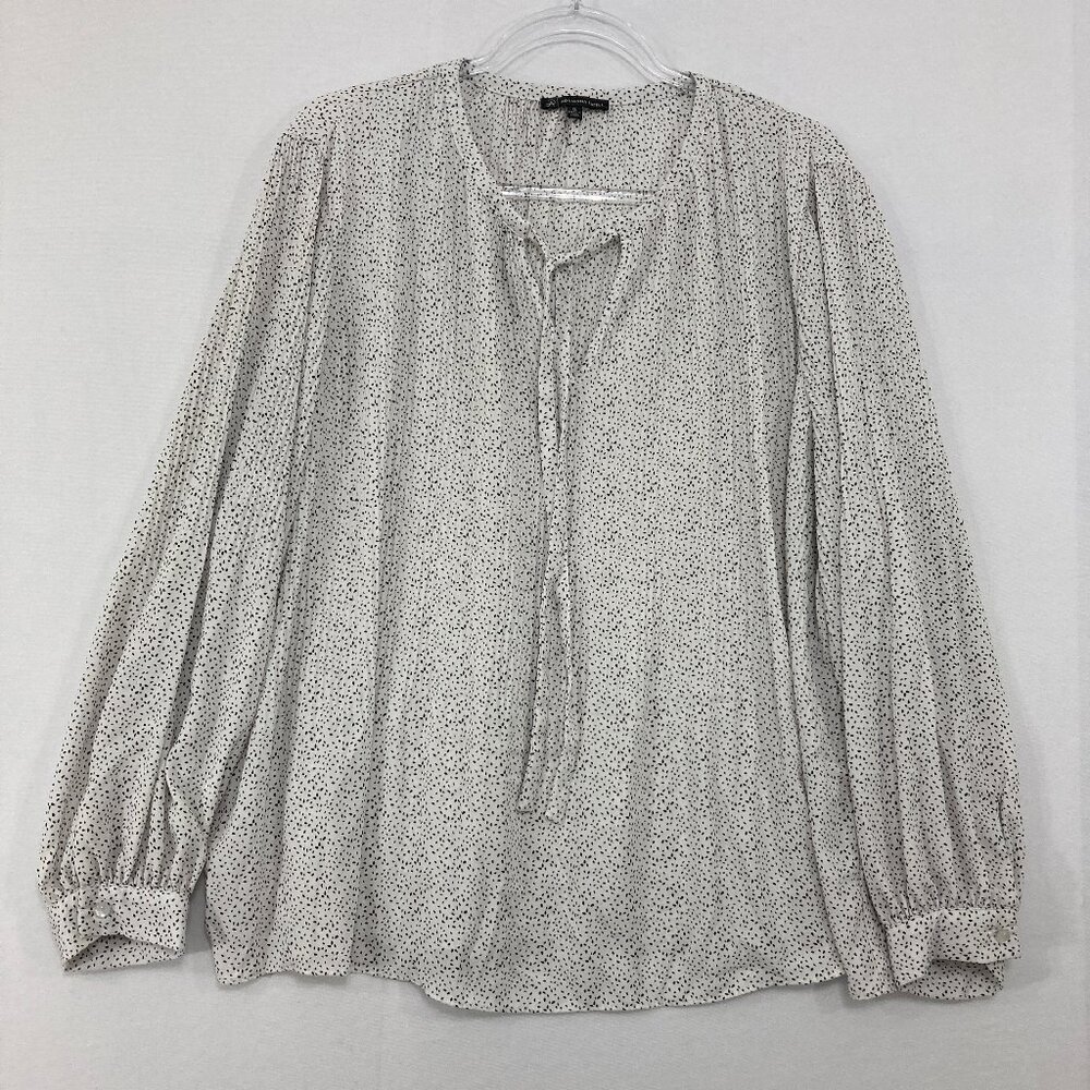 Adrianna Papell XL Black White Polka Dot‎ Tie Front Long Sleeve Blouse Preppy
